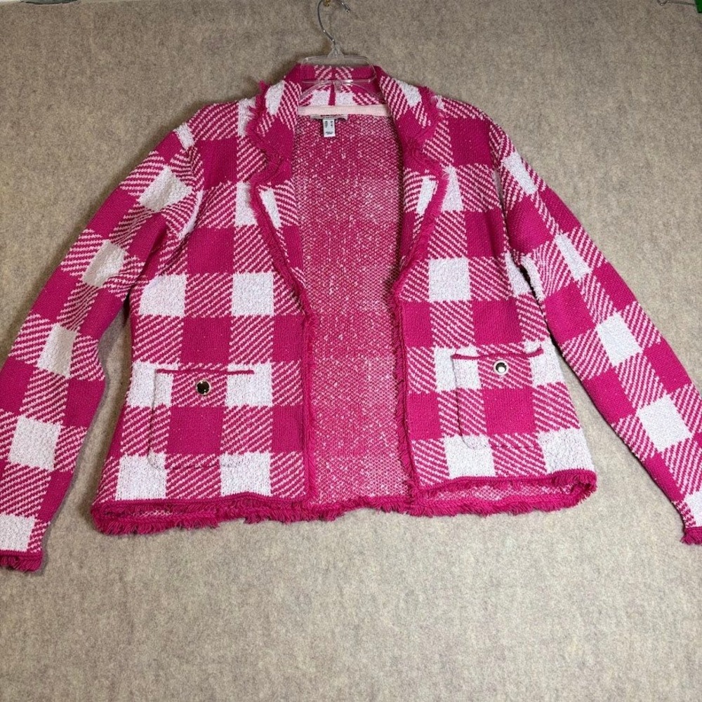 Isaac Mizrahi Cardigan Women Medium Pink Gingham Knit Blazer Fringe Preppy Fun - Picture 3 of 9